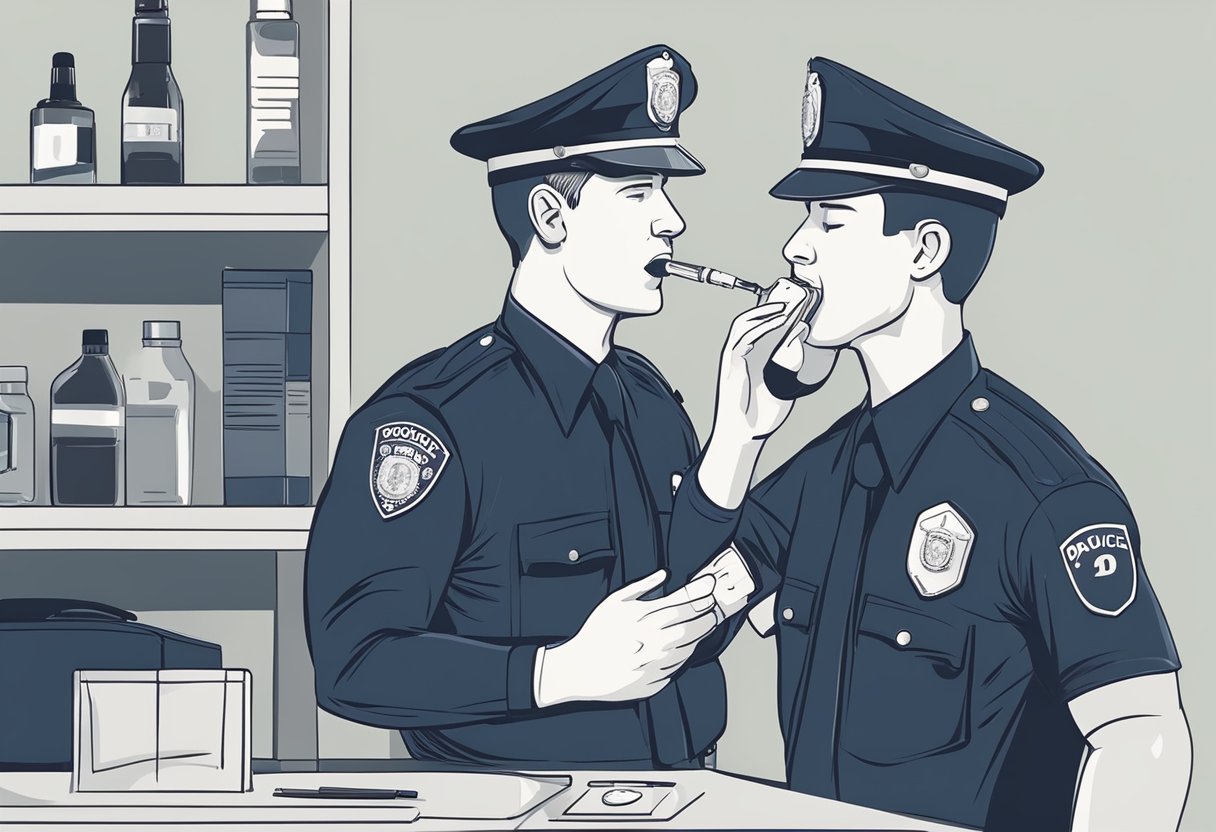 A police officer holds a breathalyzer device to a person's mouth. The person exhales into the device, and the officer reads the results
