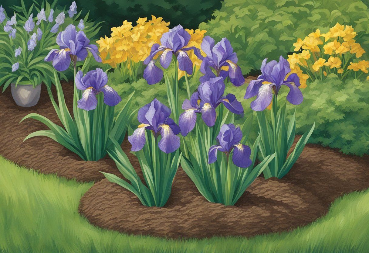Iris bulbs planted in a sunny, well-drained garden bed with rich, slightly acidic soil. Mulch surrounding the bulbs to retain moisture and suppress weeds
