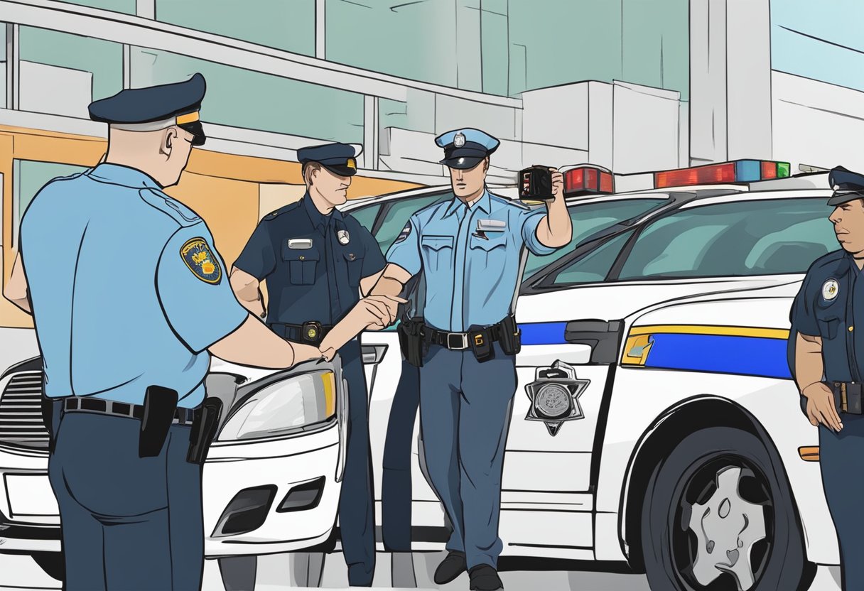 A police officer administers a breathalyzer test to a driver, while other officers observe. The driver exhales into the device as the officer waits for the result