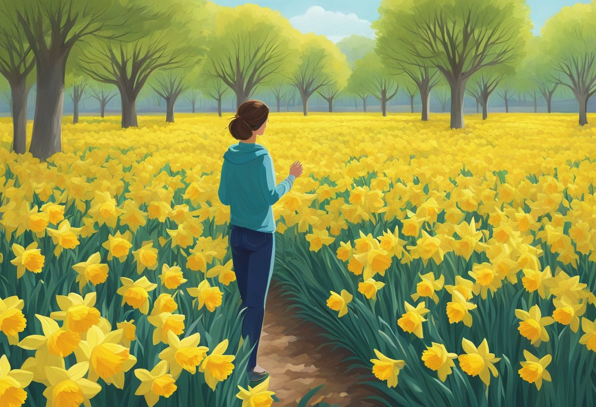 A person stands in a vibrant garden, surrounded by rows of bright yellow daffodils, reaching out to pick a few for themselves