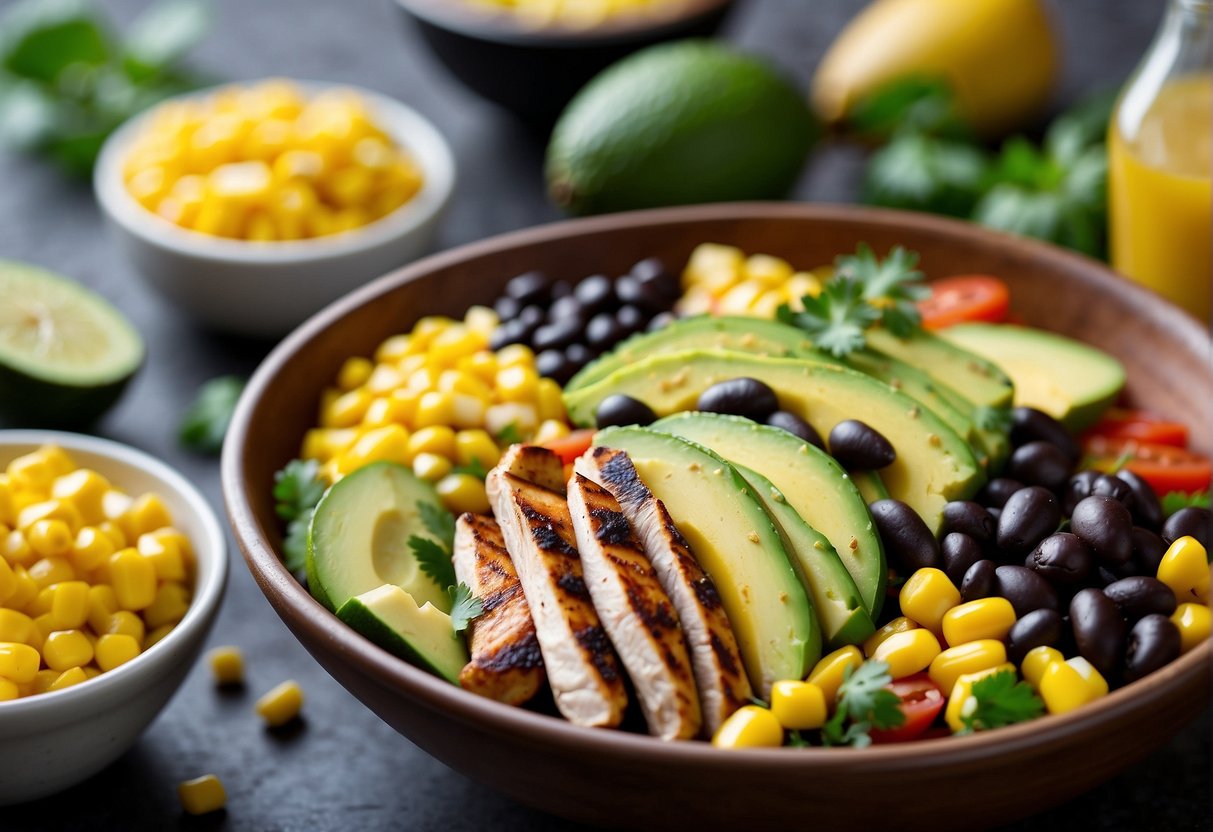 A colorful bowl filled with fresh ingredients like avocado, black beans, corn, and grilled chicken, topped with a zesty lime vinaigrette