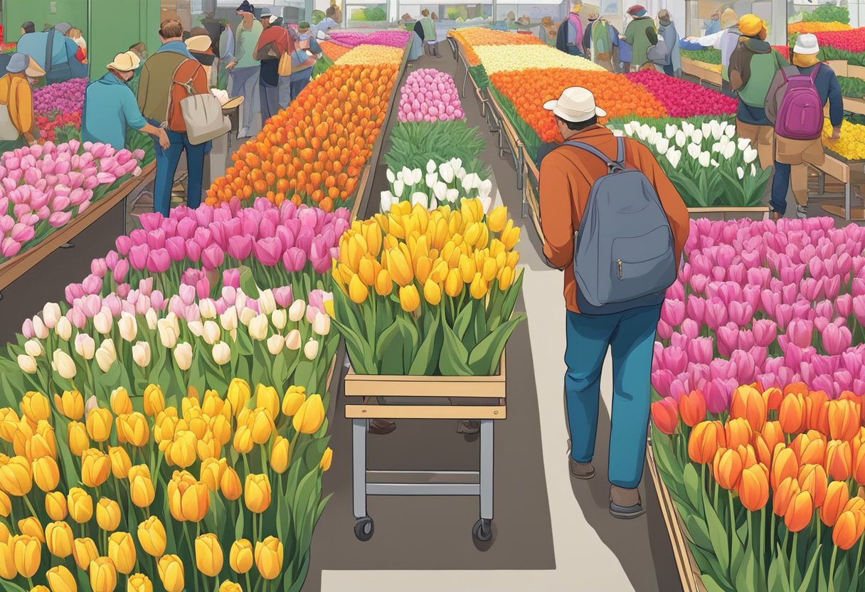 Tulips are displayed in colorful rows at a bustling flower market. Customers browse and point at the vibrant blooms