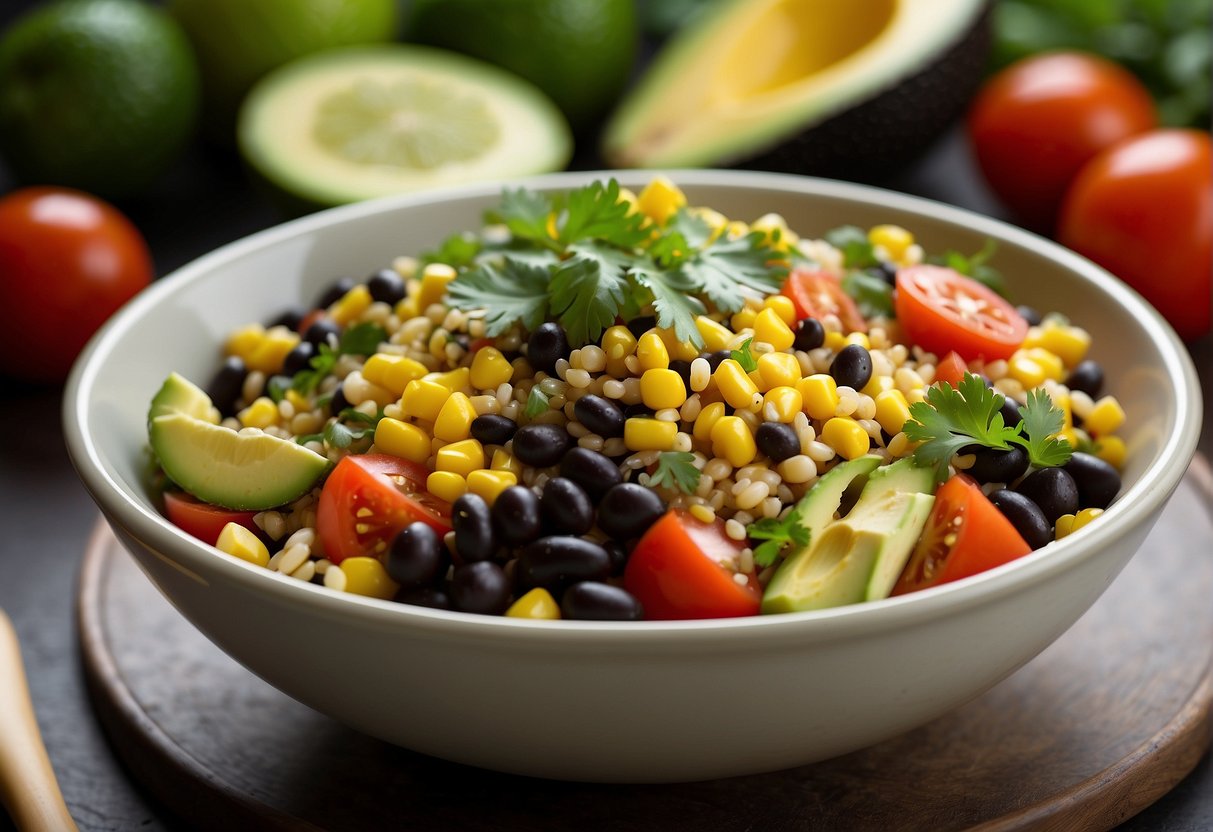 A colorful bowl filled with fresh ingredients: quinoa, black beans, avocado, corn, tomatoes, and cilantro, topped with a tangy lime vinaigrette