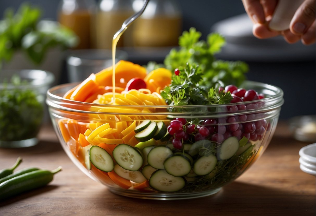 Fresh ingredients are being carefully layered into a clear bowl, showcasing vibrant colors and textures. The bowl is placed on a clean, modern surface with natural lighting