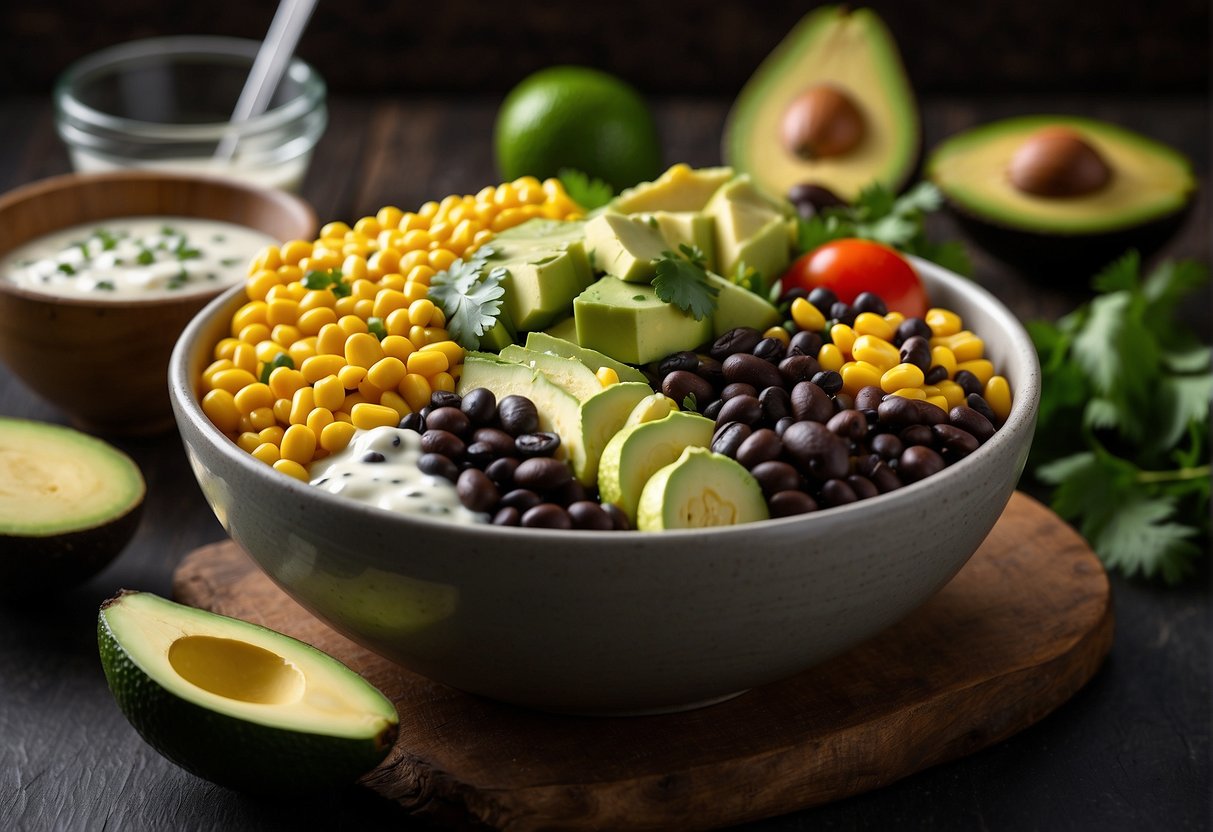 A colorful array of fresh ingredients, including avocado, black beans, corn, and cilantro, are arranged in a bowl with a drizzle of creamy dressing