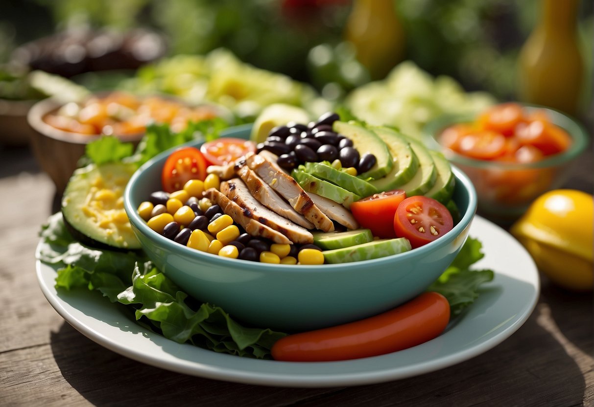 A colorful bowl filled with fresh ingredients like lettuce, black beans, corn, and avocado, topped with grilled chicken and a zesty dressing