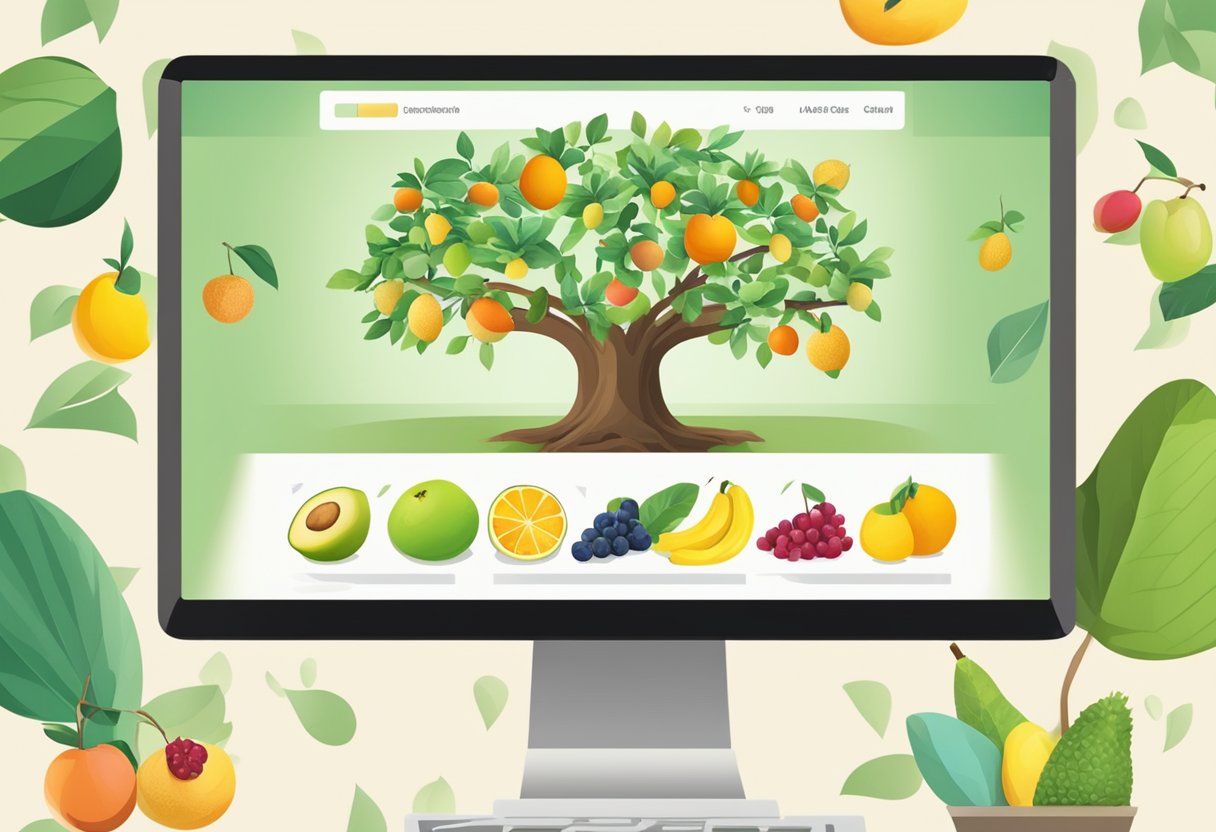A computer screen shows a website with various fruit trees for sale. A cursor hovers over the "Add to Cart" button