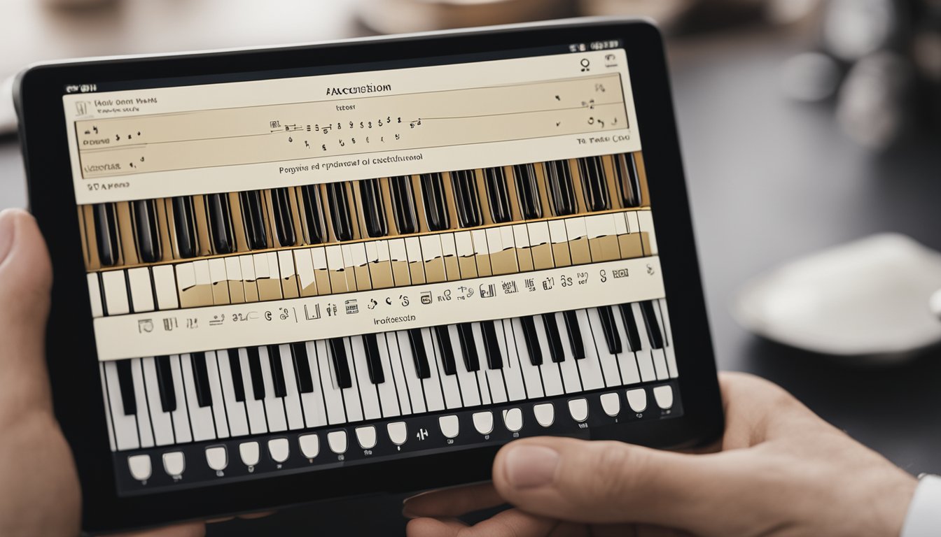 A hand holding an accordion app with music notes and instructional tools displayed on the screen