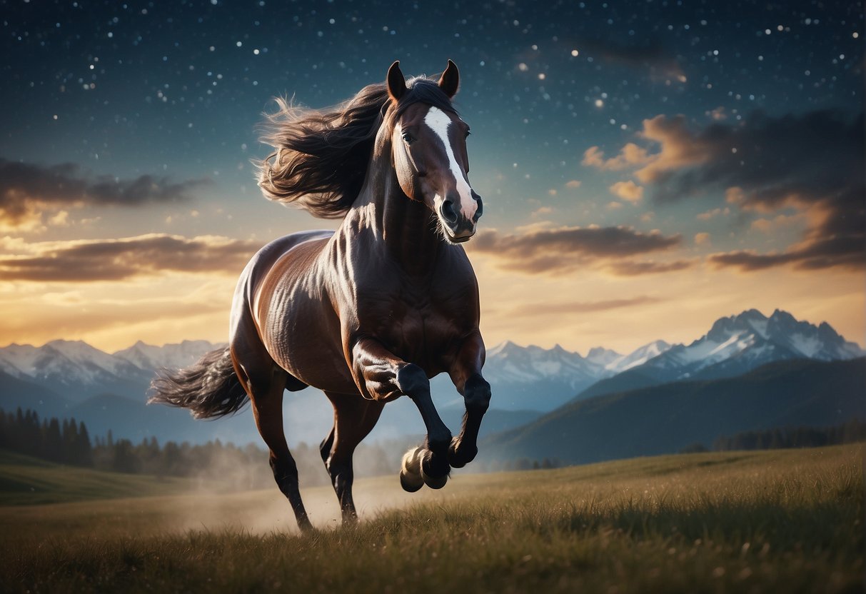 A majestic horse gallops through a surreal landscape, surrounded by swirling clouds and glowing stars, symbolizing freedom and strength