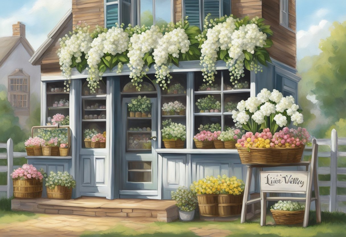A quaint flower shop with a charming wooden sign reading "Lilies of the Valley" nestled among other vibrant blooms. A display of delicate white flowers in a rustic basket catches the eye