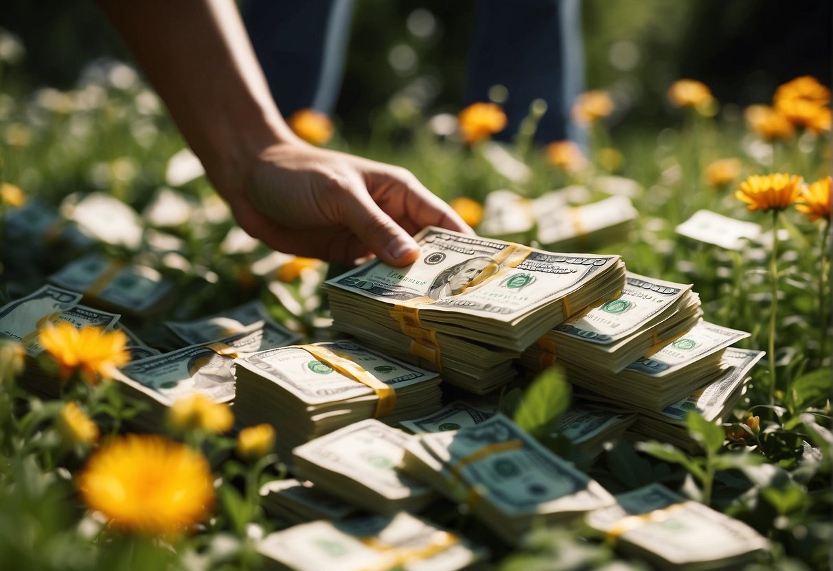 A person stumbles upon a pile of cash in a sunlit clearing, surrounded by vibrant flowers and lush greenery. The money seems to shimmer with promise, evoking a sense of wonder and excitement
