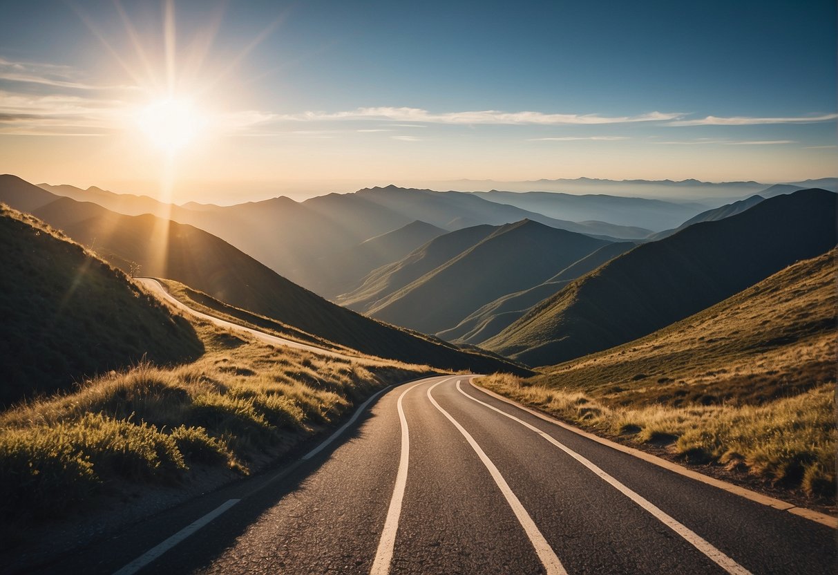 A winding road leading to a mountain peak, with a bright sun shining down and a quote "Fueling Your Journey to Success" written in bold, inspiring font