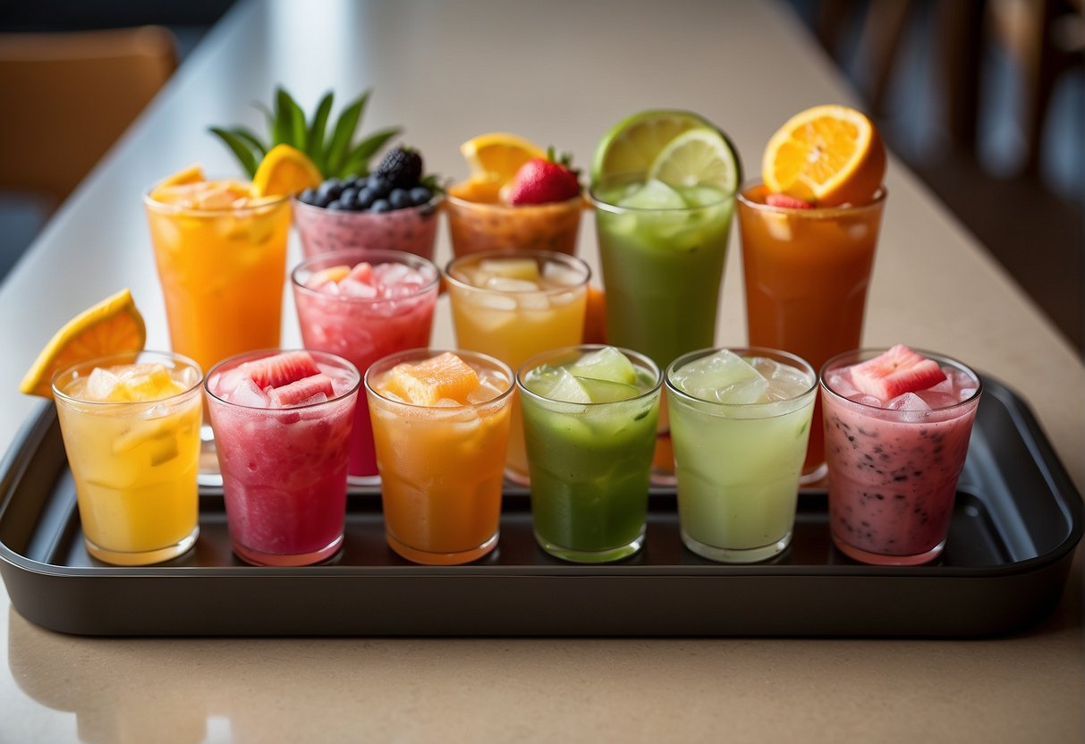 A colorful array of Dunkin' Refreshers in different flavors, garnished with fresh fruit and ice, arranged on a sleek, modern serving tray