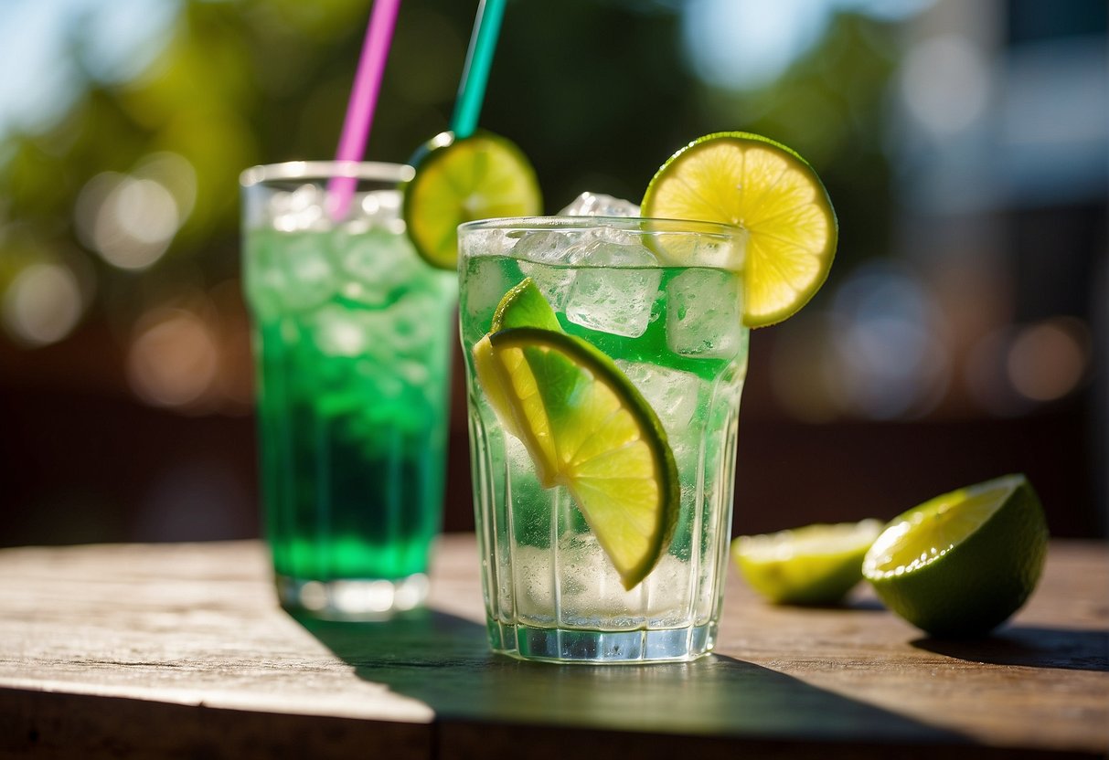 A clear glass filled with ice, poured with a vibrant green Dunkin' Refresher, garnished with a slice of lime and a colorful straw