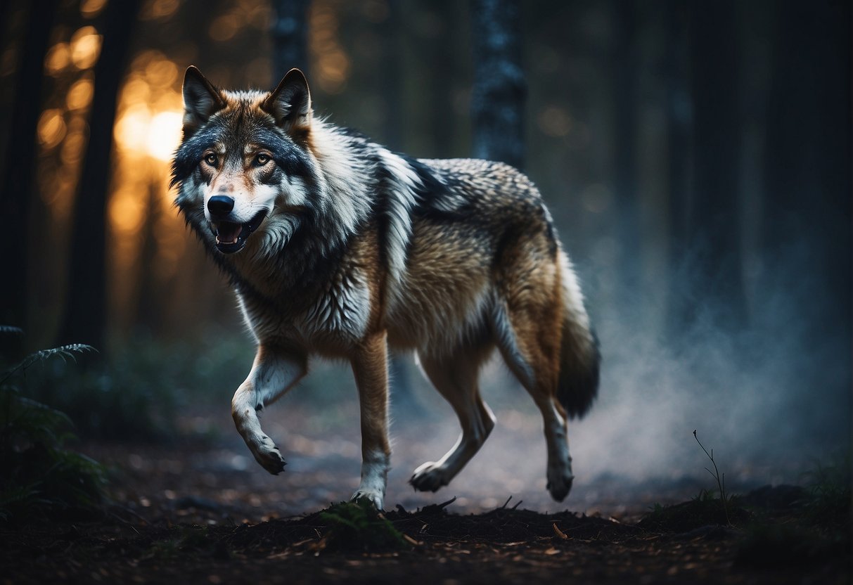 A wolf running through a moonlit forest, howling at the sky with a sense of freedom and wildness