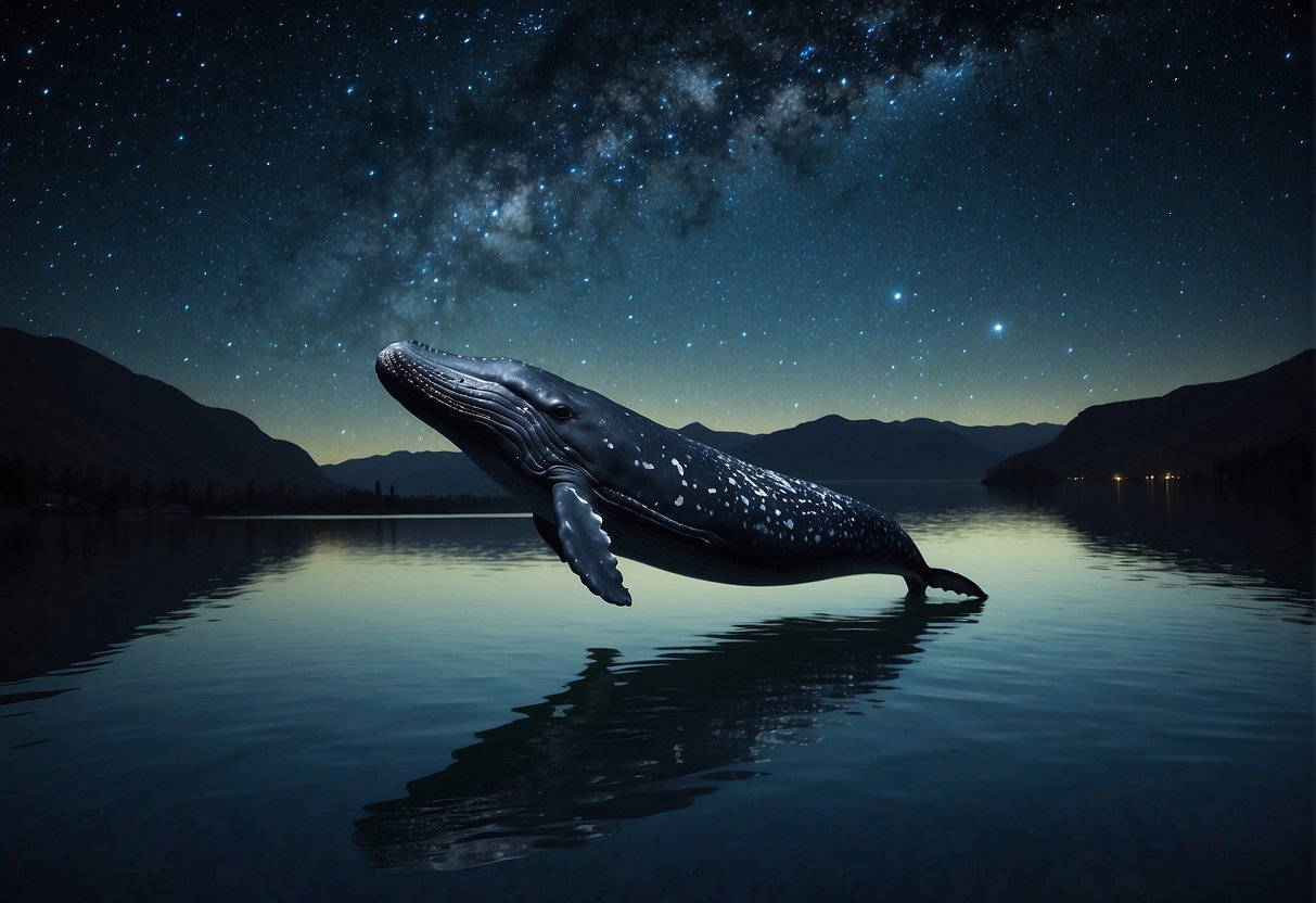 Whales swimming gracefully under a starry night sky