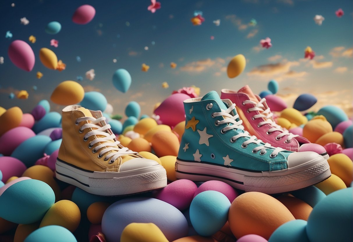 A pile of colorful, whimsical shoes floating in a cloud-filled sky, with stars and moons scattered around, creating a dreamy and surreal atmosphere