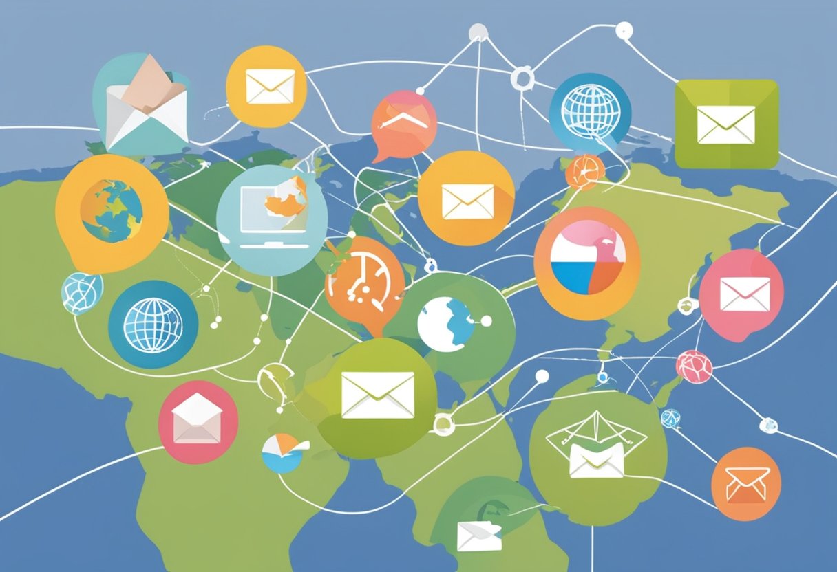 A global map with email icons connecting different countries, representing international e-mail marketing strategy