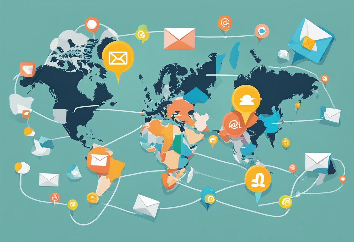 A global map with email icons connecting different countries, representing international email marketing challenges and strategies