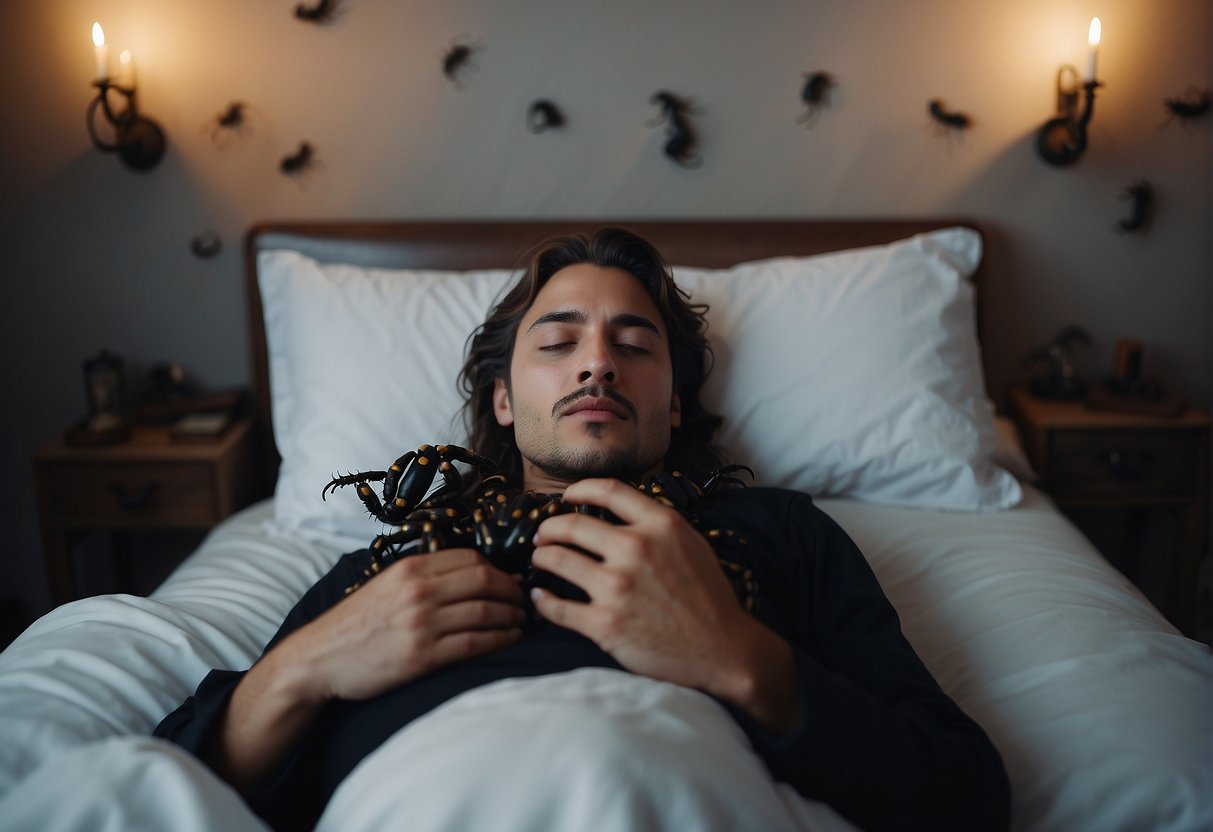 A person lying in bed, surrounded by scorpions in a dreamlike state