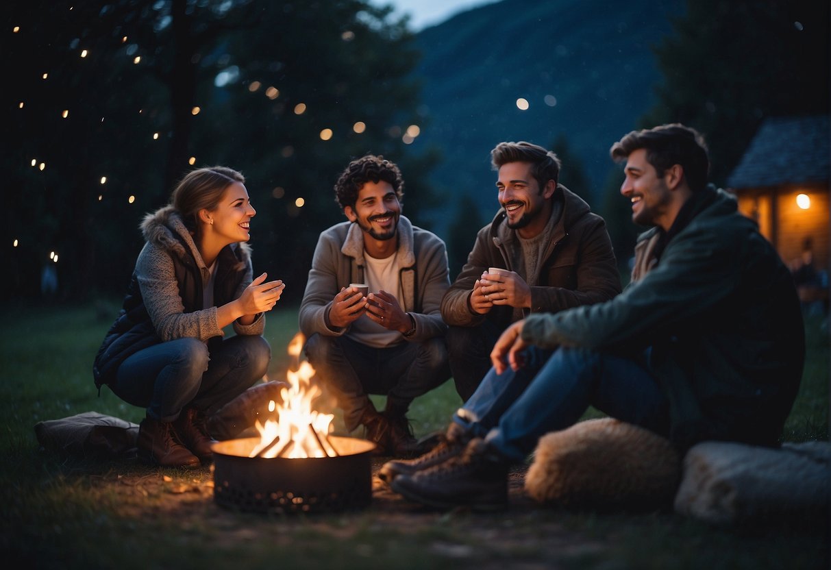 A group of familiar faces gathered around a cozy campfire, laughing and reminiscing under a starry night sky