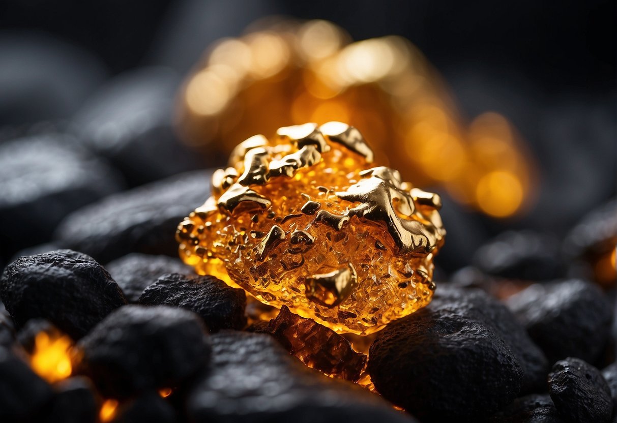 Molten rock cools, depositing gold in veins. Pressure and heat transform it into nuggets or flakes