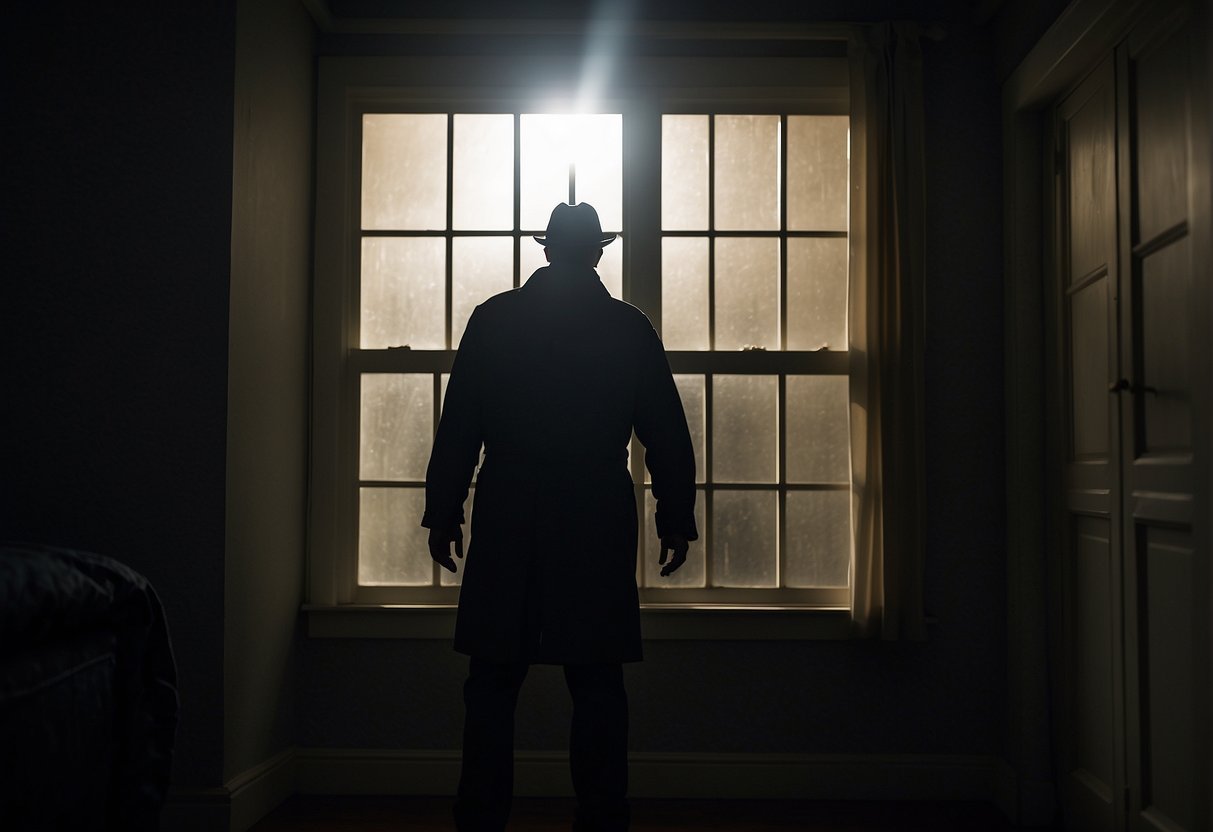 A dark figure enters through an open window into a dimly lit bedroom, casting a long, menacing shadow across the floor