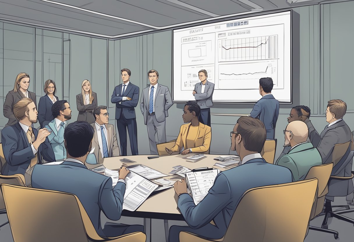 A group of businesspeople watching The Apprentice on a large screen, some holding betting slips, while others discuss the contestants' strategies and potential outcomes