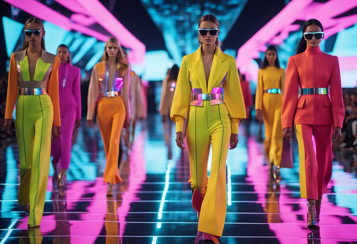A vibrant runway lined with futuristic holographic displays showcasing the latest spring and summer 2024 fashion trends, featuring bold colors, sleek silhouettes, and innovative fabric technology