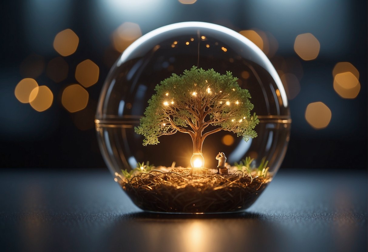 A glowing orb cradles a tiny figure, emanating warmth and protection, surrounded by symbols of growth and renewal