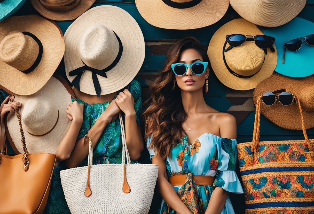 The scene includes a vibrant display of key fashion items for the season, including flowy dresses, oversized sunglasses, straw hats, and statement handbags. Bright colors and bold patterns are featured, with a mix of bohemian and modern styles