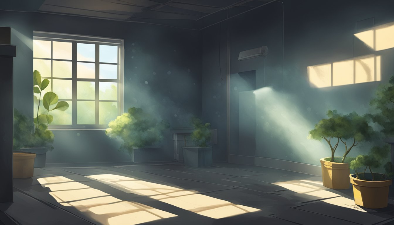 A dark, damp room with visible mold growth on walls and ceiling. Sunlight streams in through a small window, casting shadows on the spores floating in the air