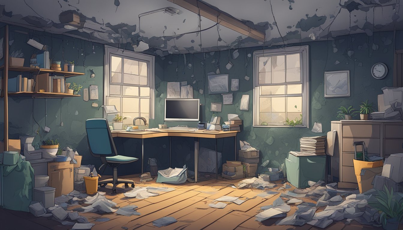 A dark, damp room with mold creeping along the walls. A person sits, exhausted, surrounded by clutter and neglected tasks