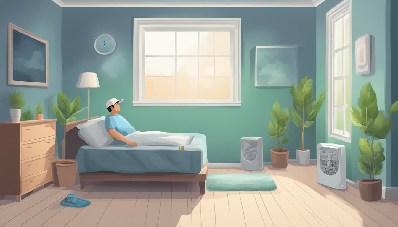 A clean, well-ventilated room with dehumidifiers and mold-resistant paint. No visible mold or dampness. A person with chronic fatigue resting comfortably