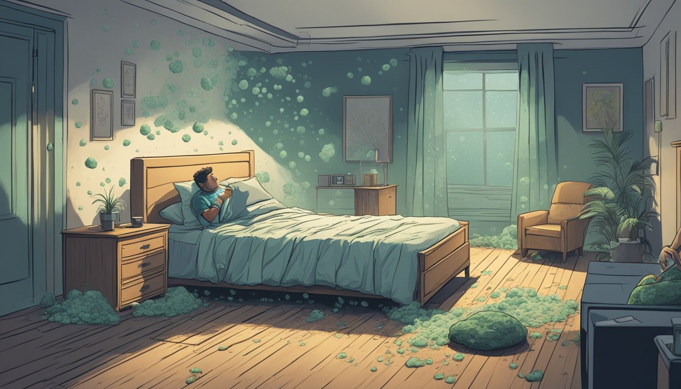 A dimly lit room with visible mold spores floating in the air. A person lying in bed, fatigued and sneezing, surrounded by mold-infested furniture