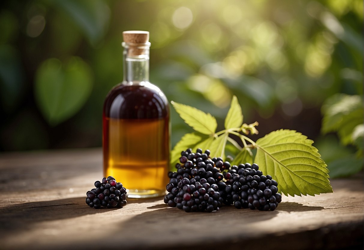 A variety of elderberry plants with different shapes and colors. A bottle of elderberry syrup with visible signs of spoilage