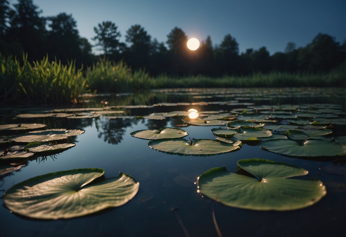 A pond surrounded by lily pads, with a full moon reflecting on the water. Frogs are leaping and croaking in the moonlight