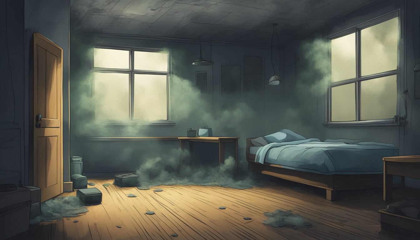 A dark, damp room with visible mold growing on the walls and ceiling. The air feels heavy and musty, with a sense of exhaustion and fatigue lingering in the atmosphere