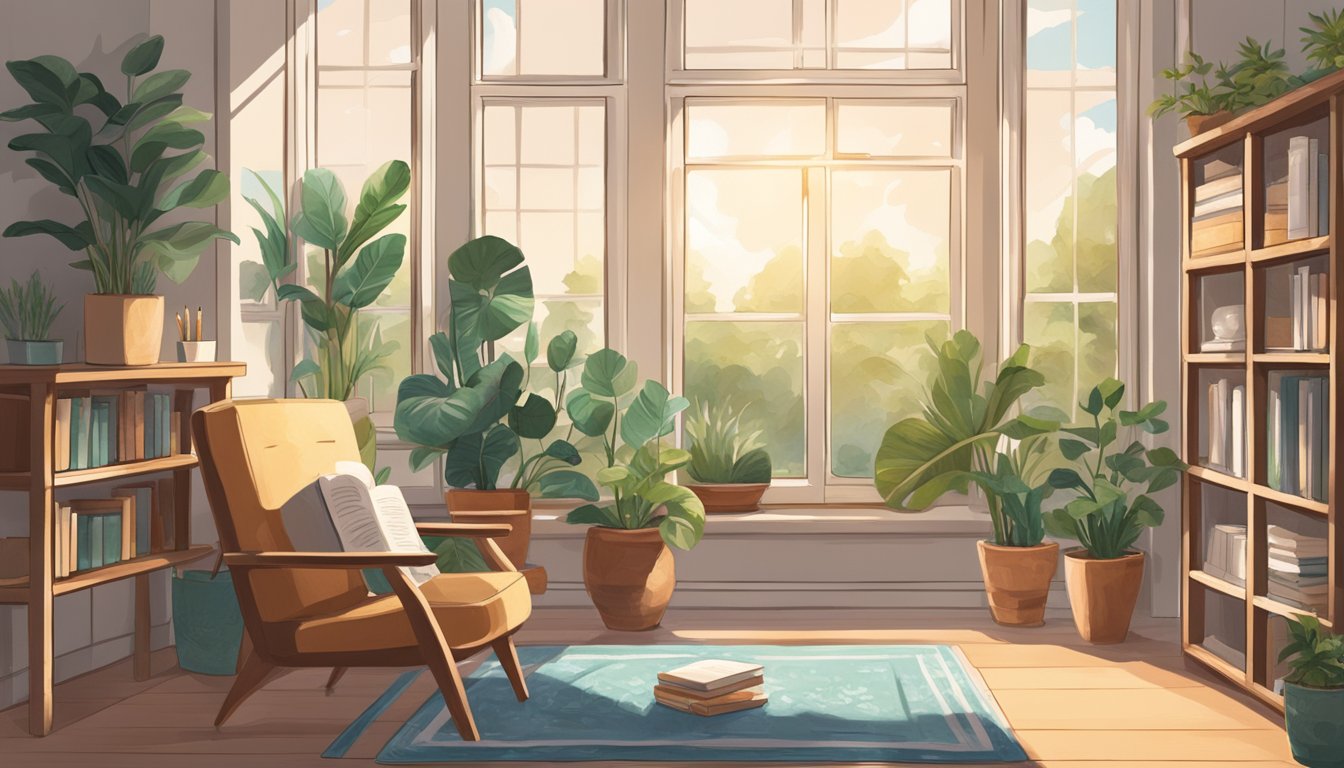 A serene, sunlit room with plants and open windows. A bookshelf holds wellness resources. A journal and pen sit on a cozy chair