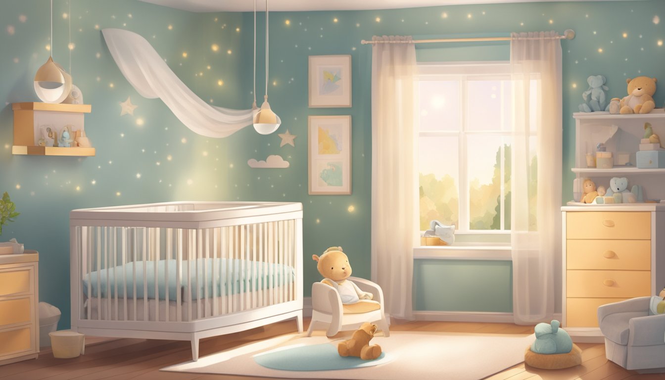 A cozy nursery with a modern baby monitor on a dresser, soft light filtering through the window, and a sleeping baby in a crib