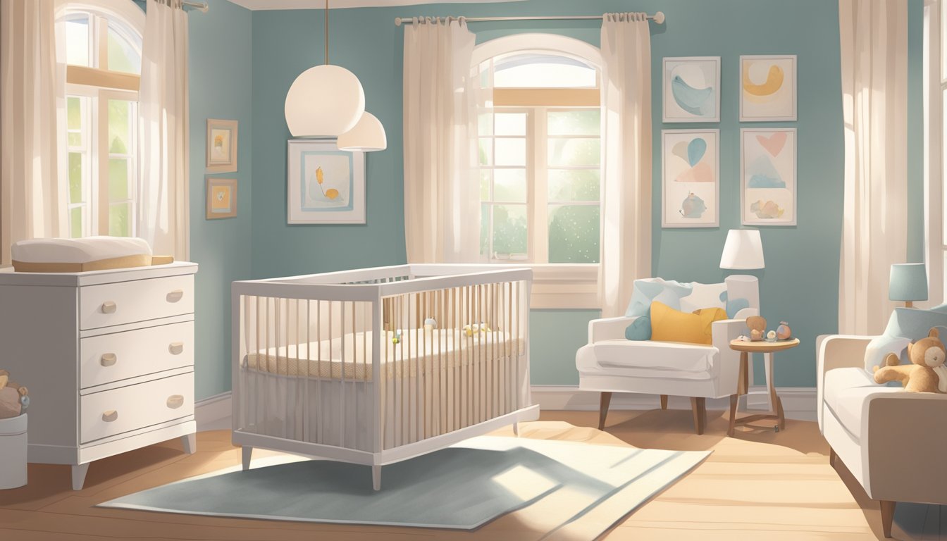 A cozy nursery with a modern baby monitor on a dresser, soft natural light streaming in through the window, and a sleeping baby in the crib