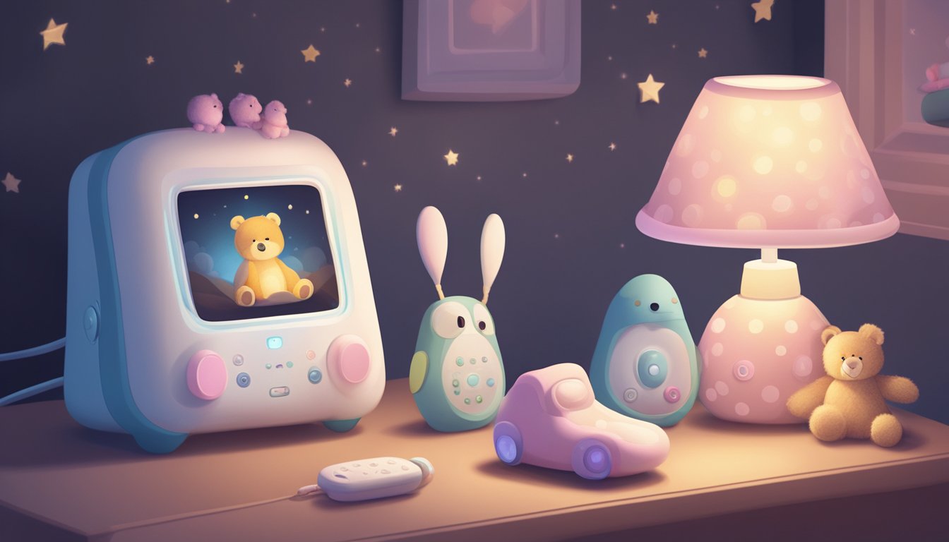 A baby monitor sits on a nightstand, its screen glowing softly in a darkened room. The room is decorated with soft pastel colors and plush toys, creating a cozy and peaceful atmosphere