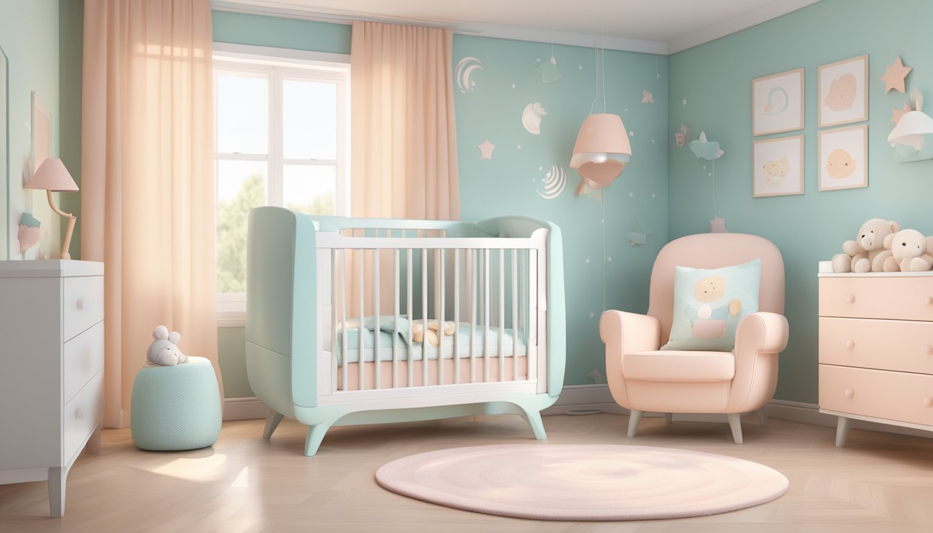 A modern baby monitor with video display, temperature sensor, and two-way audio communication, set up in a nursery with soft, pastel-colored decor