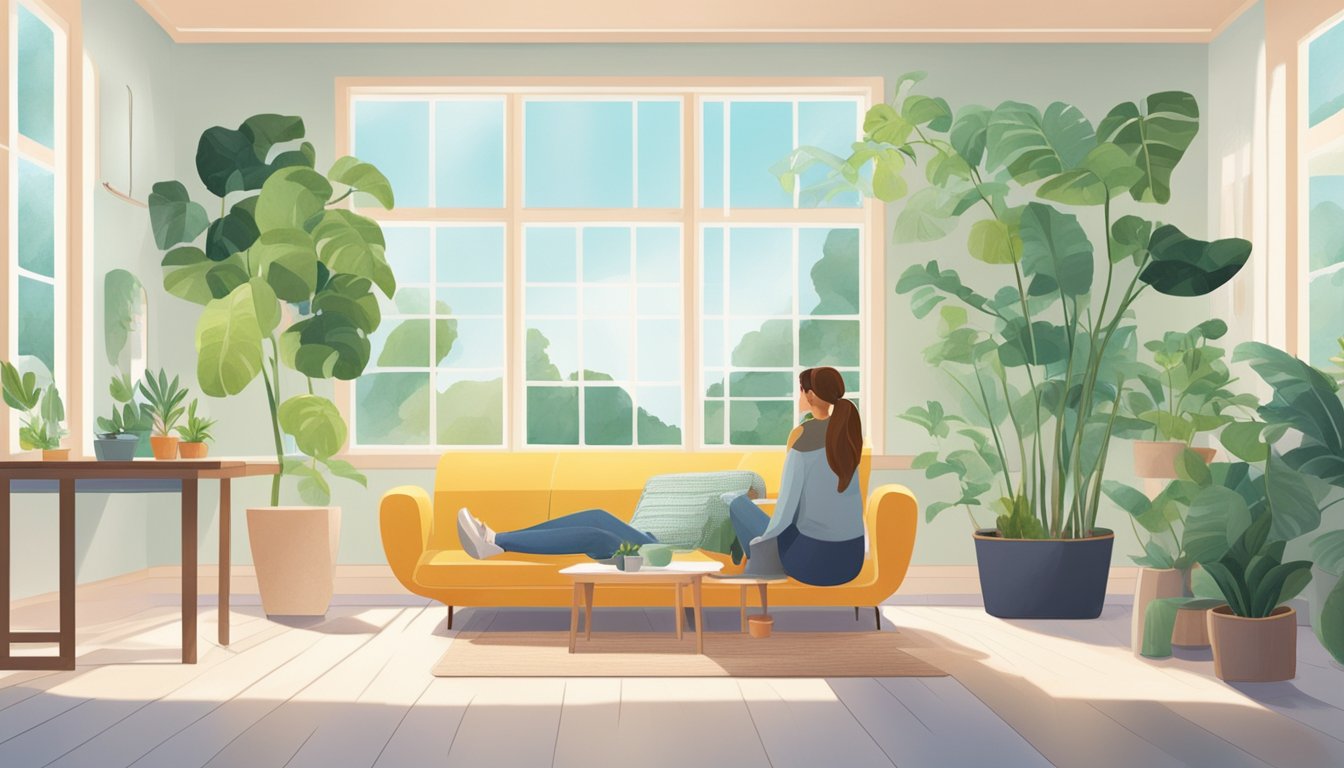 A bright, airy room with open windows and a dehumidifier running. Plants and natural light create a calming atmosphere. A person is resting comfortably, surrounded by clean, mold-free surfaces
