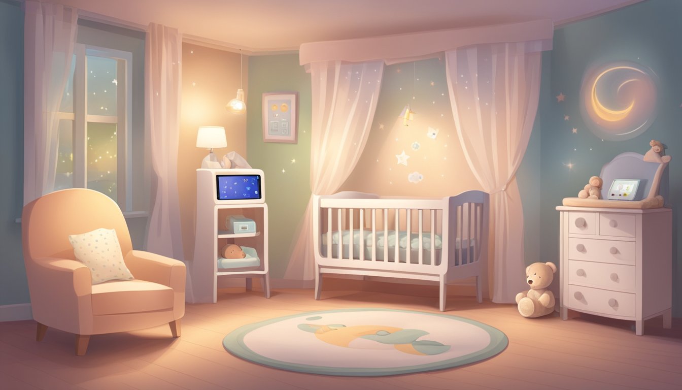 A baby monitor with clear display and remote control features, set up in a cozy nursery with soft lighting and a sleeping baby