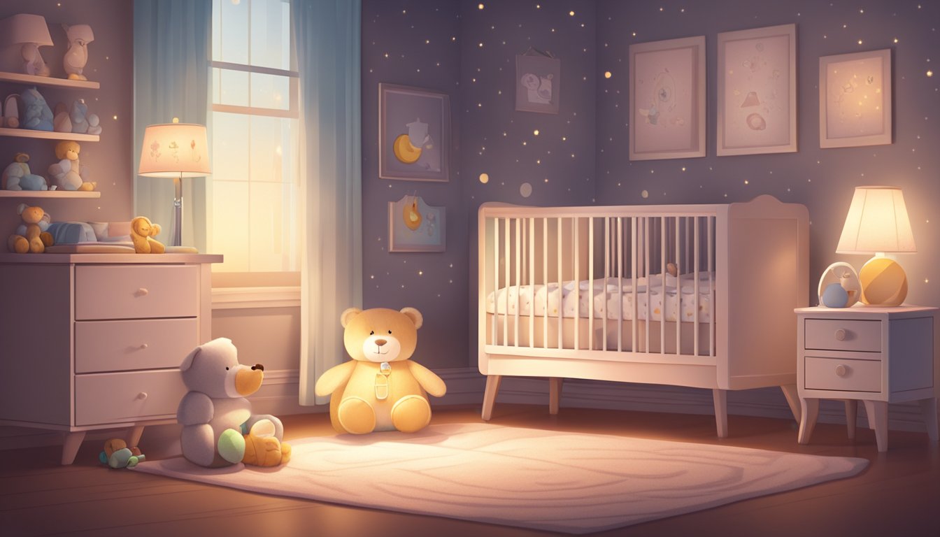 A cozy nursery with a modern baby monitor on the nightstand, casting a soft glow in the dimly lit room