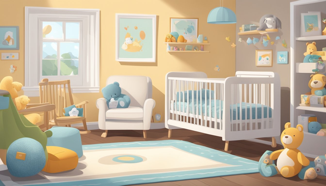 A cozy nursery with a modern, high-tech baby monitor displaying clear video and sound, surrounded by plush toys and a comfortable rocking chair
