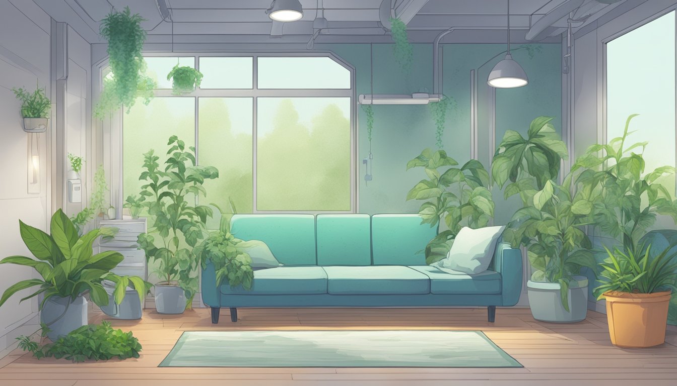 A room with moldy walls, air purifiers, and plants. A person resting in a clean, well-ventilated space