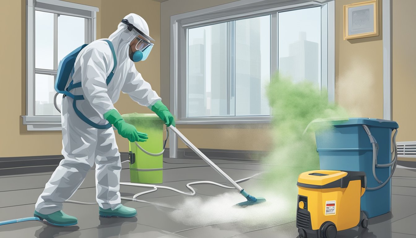 A technician in protective gear uses industrial-grade cleaning products to eradicate mold from a damp, poorly ventilated room. A dehumidifier hums in the background, helping to control the environment and prevent future mold growth