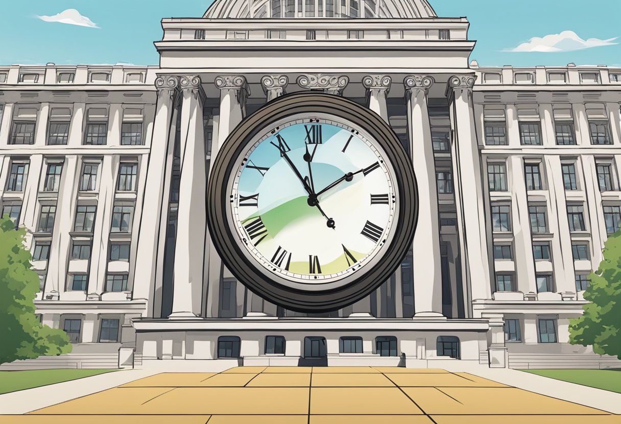 A clock showing 360 days passing with a government building in the background